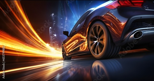 Sport car wheel drifting on night of city lighting background