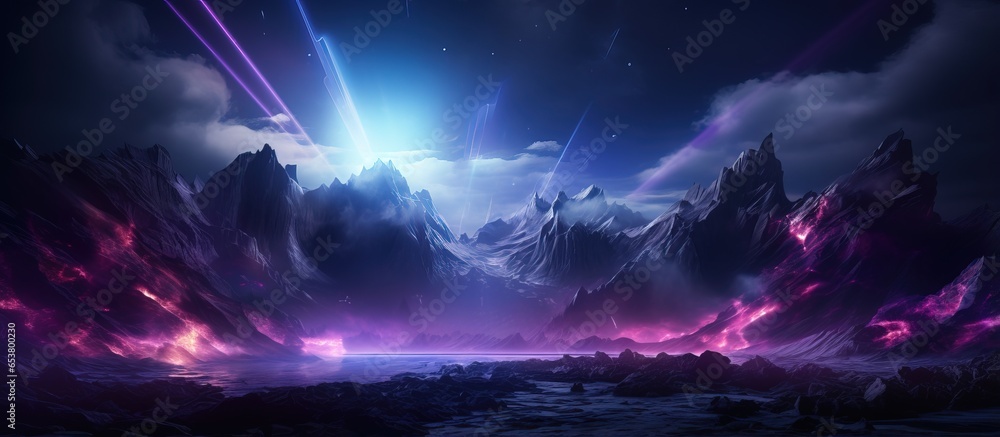 Abstract neon background with pink and blue fireworks over a cosmic landscape framed in UV light within a virtual reality space that includes mountains rocks and a grid