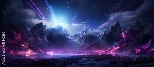 Abstract neon background with pink and blue fireworks over a cosmic landscape framed in UV light within a virtual reality space that includes mountains rocks and a grid photo