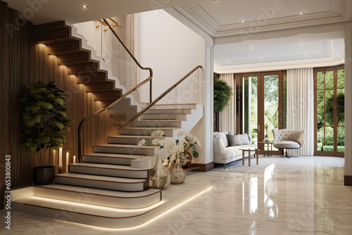 Interior of a modern living room with wooden stairs 3d render © koala studio