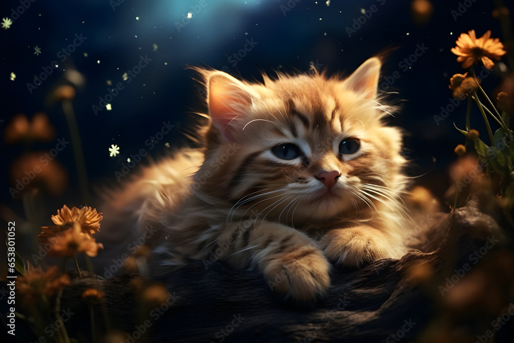 Nighttime Scene Sleepy Kitten and Sparkling Lights Nighttime Scene Sleepy Kitten and Sparkling Lights
