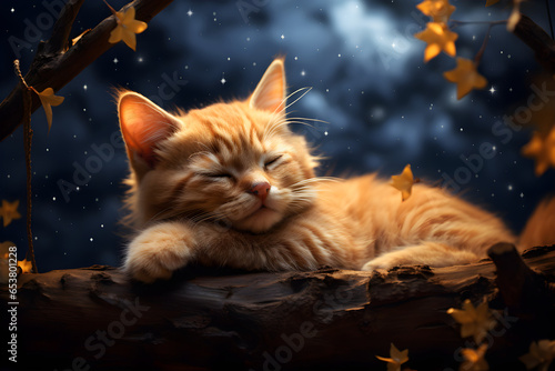 Peaceful Night Kitten and Sparkling Lights