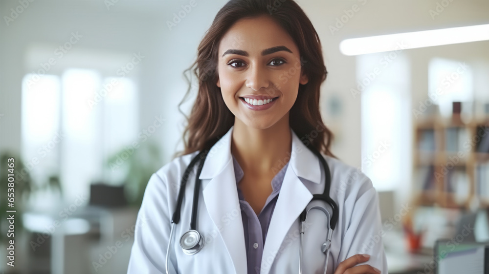 female Doctor Wearing White Coat With Stethoscope In Hospital Office. female Doctor Wearing White Coat With Stethoscope In Hospital Office.