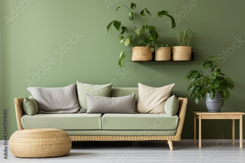 Interior of modern living room with green wall and sofa 3d render