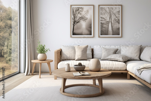 Modern living room interior with a beige sofa, a coffee table and posters on the wall. 3d rendering mock up © koala studio