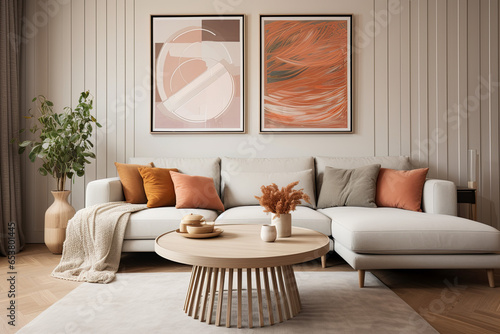 Modern living room interior with sofa, coffee table and posters. 3d render