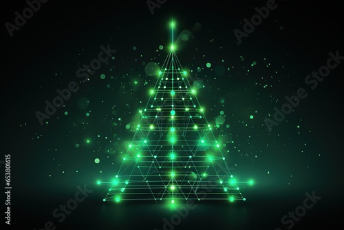 futuristic glowing green christmas tree   digital electronic programming neon code with green lines and dots  science and technology  Glowing rays with flickering particles   New year banner .