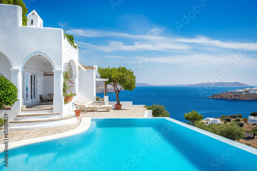 White villa with swimming pool on the background of a blue sky