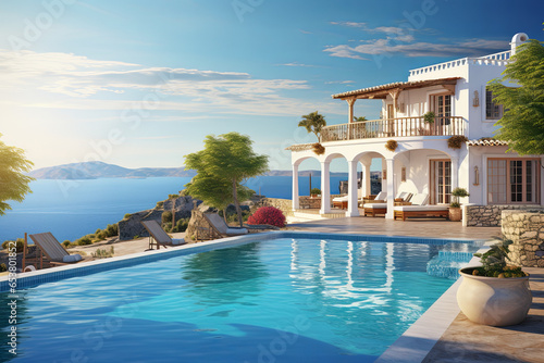 White villa with swimming pool on the background of a blue sky