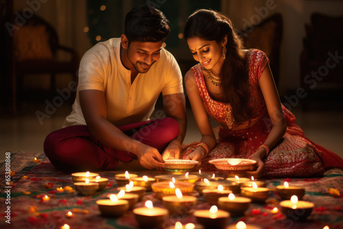Indian couple decorating house with lamps on Diwali festival.