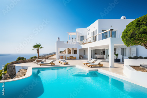 White villa with swimming pool on the background of a blue sky © koala studio