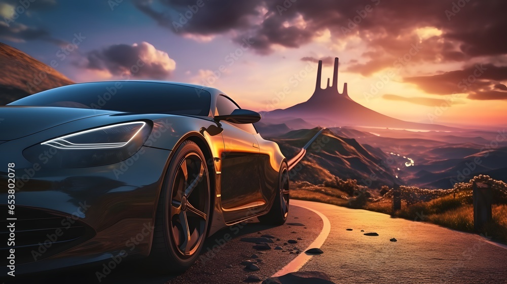 The image in front of the sports car scene behind as the sun going down with wind turbines in the back. - obrazy, fototapety, plakaty 