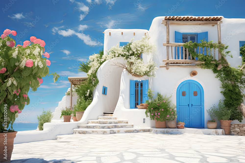 White architecture on Santorini island, Greece. 3D rendering - obrazy, fototapety, plakaty 