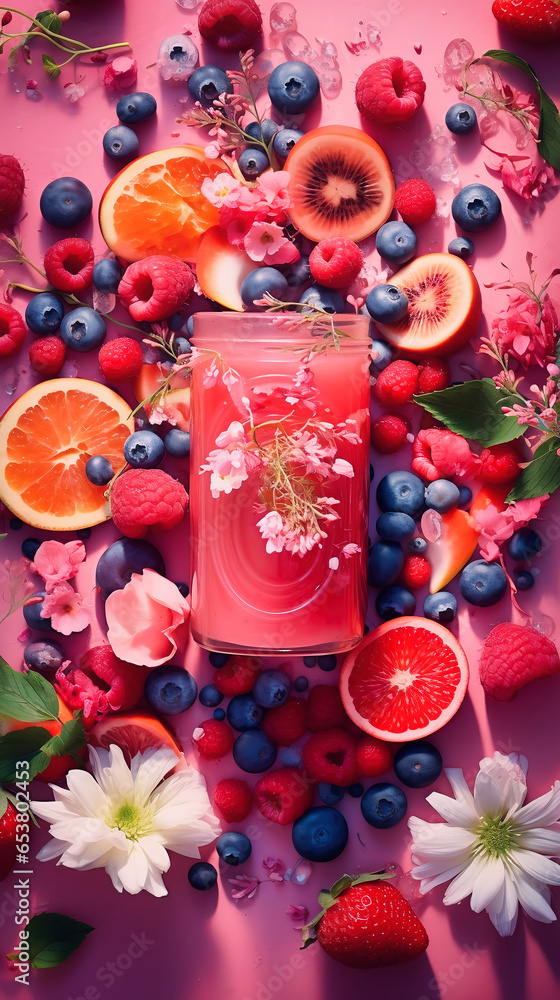 Fresh summer fruit and berry smoothie in a glass on a pink background