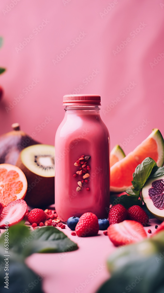 Bottle of smoothie with fresh berries and fruits on pink background Bottle of smoothie with fresh berries and fruits on pink background
