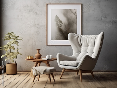 modern living room interior with brown armchair and vase with plant