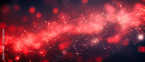 Red abstract background with dots and lines. Technology concept