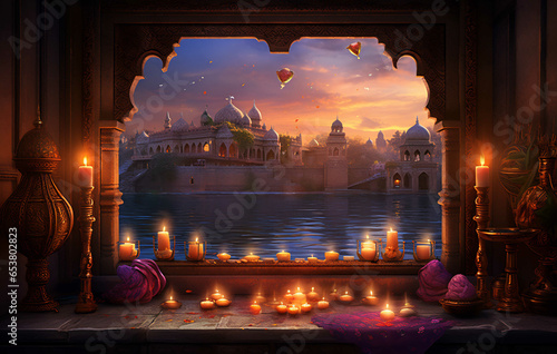 Evening sky and lamp with flames indian hindu festival art