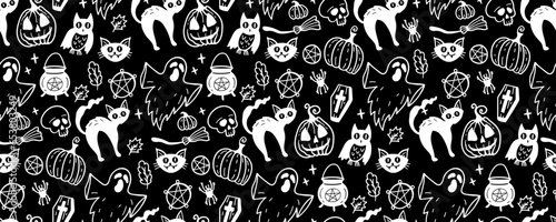 Monochrome seamless pattern of cute Halloween hand drawn doodle. Vector illustration Black and white background with ghost, cat, pumpkin, skull, coffin, owl, cauldron, broom, leaves. Silhouette style