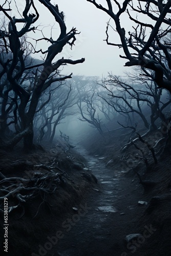 A haunted forest path framed with gnarled trees in the fog - e.g. for a book cover