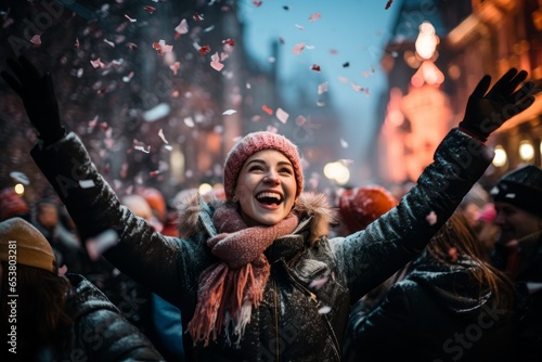 Beautiful woman having fun celebrating New Year festival outdoors in city streets or square, AI generated
