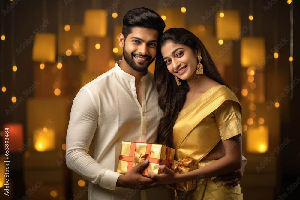 indian couple holding gift box together on diwali festival. indian couple holding gift box together on diwali festival.