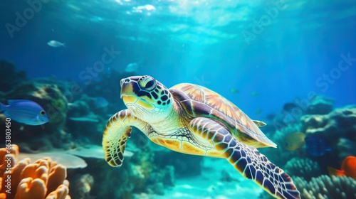 Sea turtle swimming on group of colorful fish and sea animals with colorful coral underwater in ocean, Underwater world in scuba diving scene, Endangered Turtle, Pollution in oceans concept.