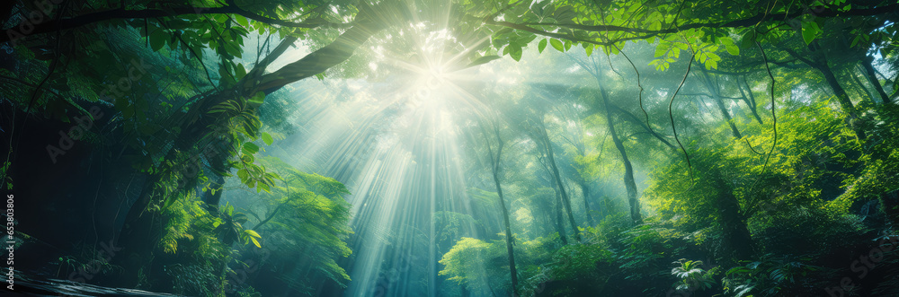 sunlight streaming through a tropical forest canopy - obrazy, fototapety, plakaty 