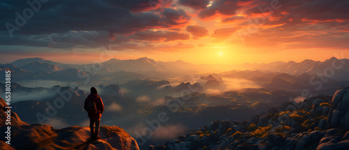 Man Standing on Mountain at Sunset, Generative AI