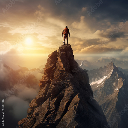Lone Mountaineer on High Rock Pinnacle, Dramatic Sunset & Snowy Landscape - Symbolizing Grit & Challenge - Emphasizing Tenacity & Danger. Generative AI.