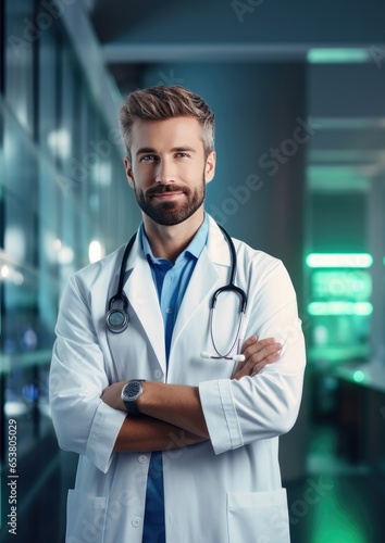 Portrait of handsome men doctor working in modern looking hospital. Generative Ai.