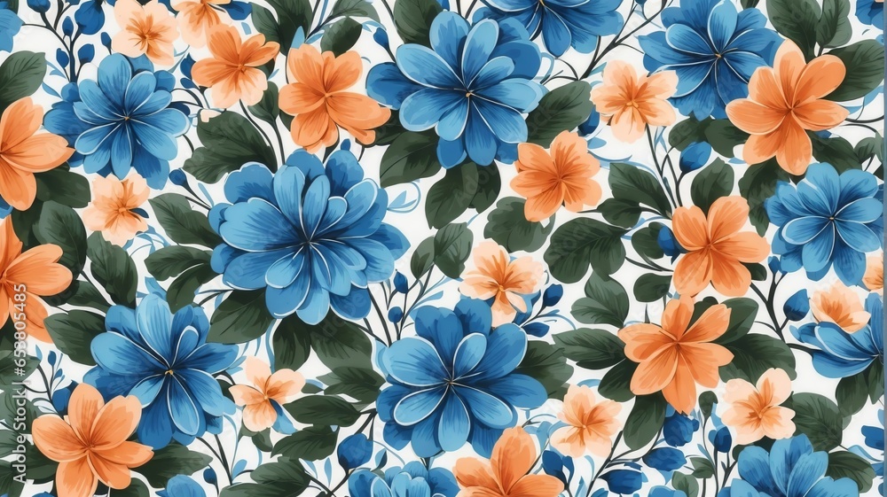 Seamless Patterns, Repeating Steps Pattern Design, Fabric Art, Flat Illustration, Digital Printing, Highly Detailed Cleaning, Photorealistic Masterpiece, Blue Flower, Watercolor, White Background. - obrazy, fototapety, plakaty 