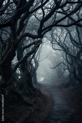 A haunted forest path framed with gnarled trees in the fog - e.g. for a book cover
