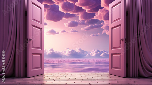 purple and pink door with neon lights, interior, night