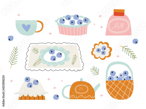 Dessert sticker. Tea time and cake collection. Cute doodle set for cafe, birthday or breakfast with blueberry cookies, cake, teapot, pie, jam and sweet cookies. Cozy food vector illustration