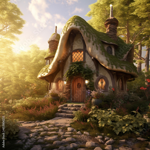 A small fairy tale cottage isolated deep in the woods. The façade design is strange and mysterious.