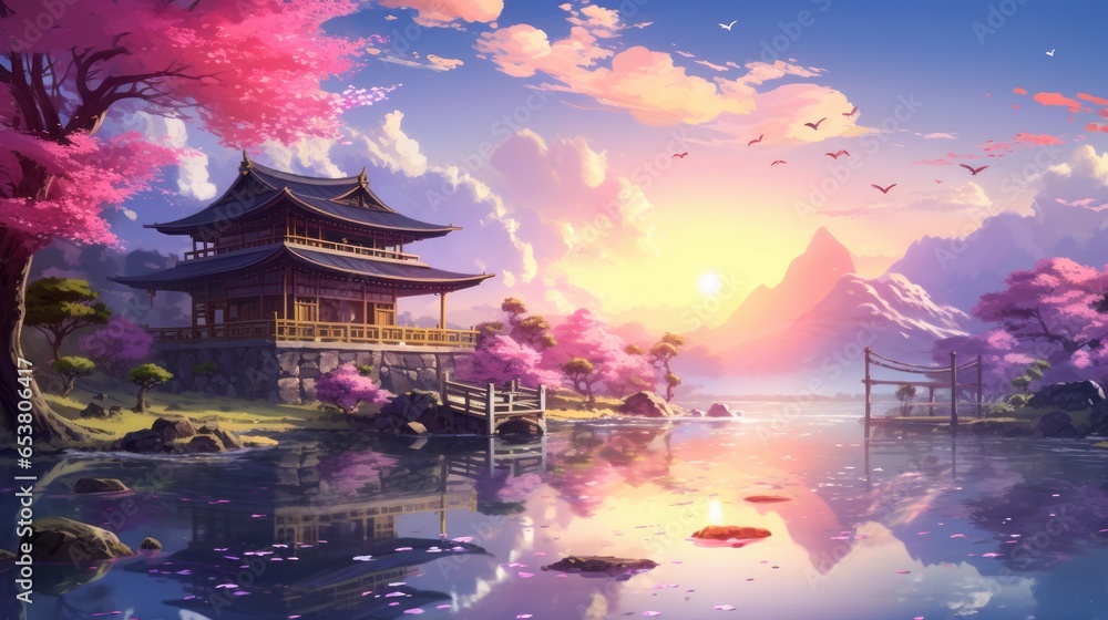 a beautiful japanese village town in the morning. buddhist temple shinto at sea river. cherry blossom sakura growing. anime comics artstyle. mount fuji in background. 16:9 4k resolution. Generative AI - obrazy, fototapety, plakaty 