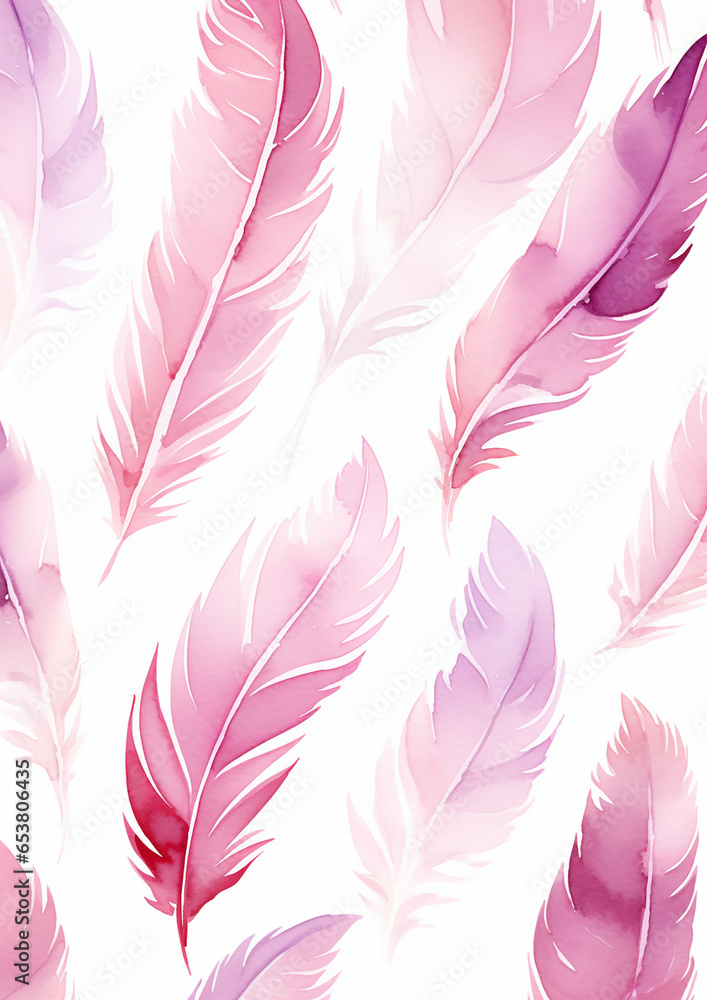 Fototapeta premium Pink watercolor feather pattern illustration created with Generative Ai