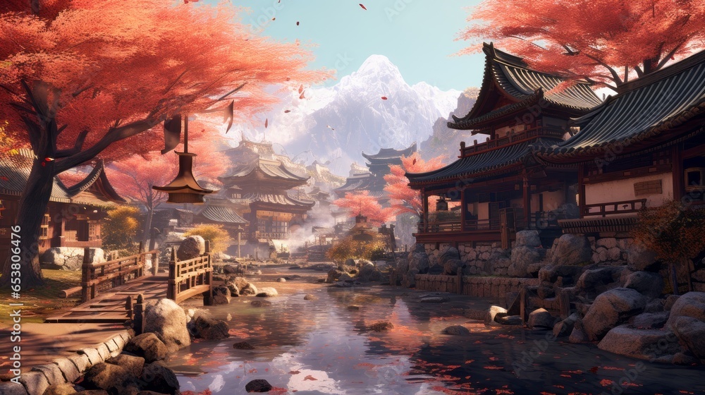 a beautiful japanese village town in the morning. buddhist temple shinto at sea river. cherry blossom sakura growing. anime comics artstyle. mount fuji in background. 16:9 4k resolution. Generative AI