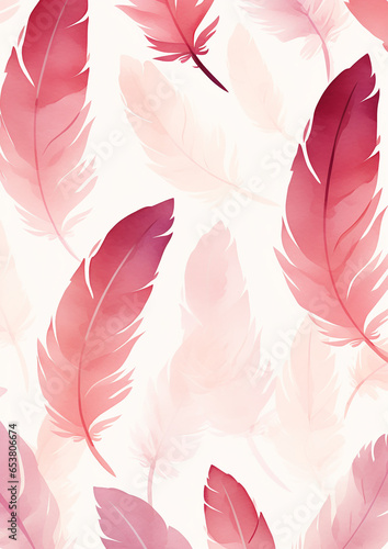 Pink watercolor feather pattern illustration created with Generative Ai © Andrii Yablonskyi