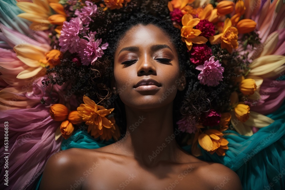 a woman with eye close and lay down head on flowers a woman with eye close and lay down head on flowers