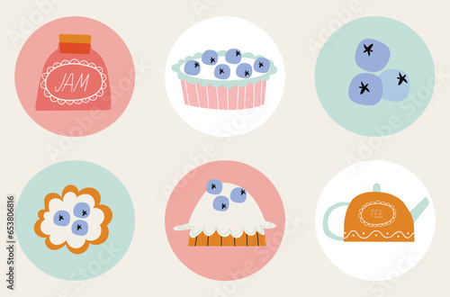 Cute blueberry pie, cookies, teapot, jam and blueberries. Round stickers for decorating children's birthdays and themed parties. A set of decorations for a candy bar. 