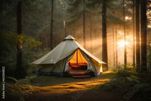 A tent in a dense forest with sunset rays falling from behind.