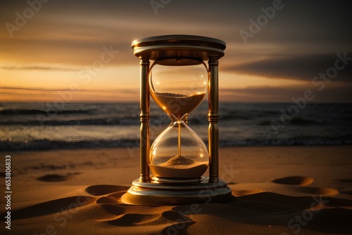 a hour glass in beach on sunset.