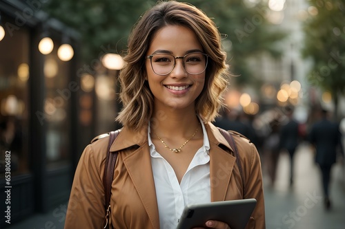a woman smiling wearing googles and using tablet