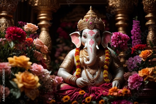 Lord ganesha with around flowers