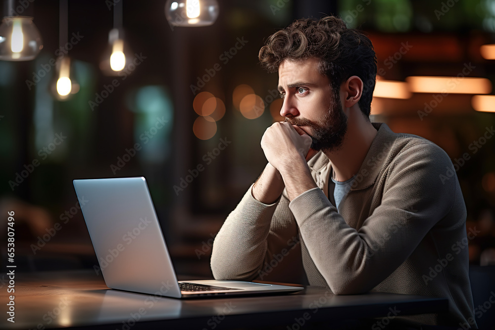 Pensive bearded man sitting at table working at laptop thinking of problem solution. Thoughtful male employee pondering considering idea and making decisions. Pensive bearded man sitting at table working at laptop thinking of problem solution. Thoughtful male employee pondering considering idea and making decisions.