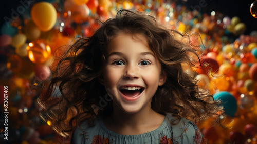 portrait of a little girl on background of colorful balloons and lights in a dark room.