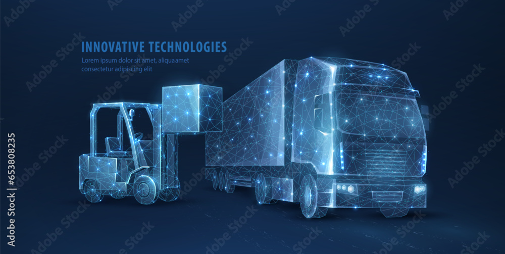 Abstract 3d truck and forklift. Truck transport, warehouse logistic, container shipment - obrazy, fototapety, plakaty 