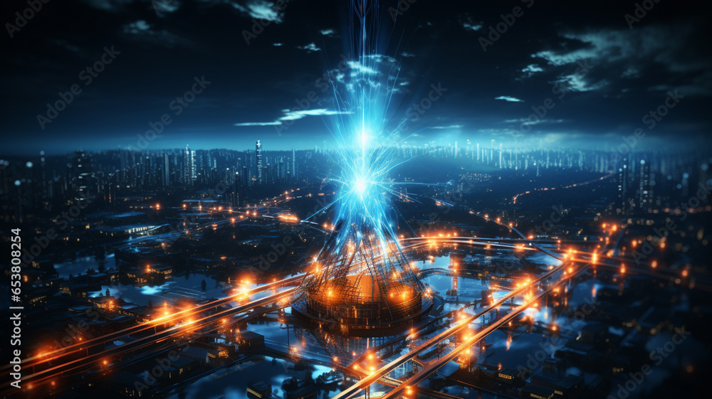  illustration of city with abstract hologram of fi network with big data and digital world connection concept